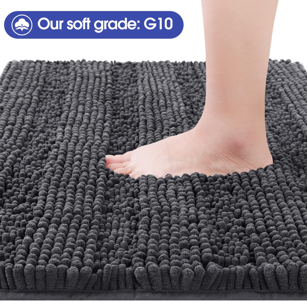 ACCUMTEK striped grey U-shape rug provides contour fit around the toilet