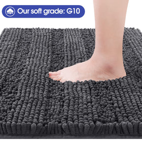 ACCUMTEK striped grey U-shape rug provides contour fit around the toilet