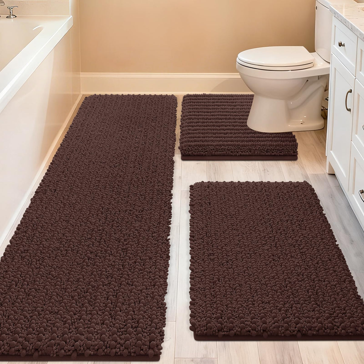 ACCUMTEK Upgrade extra large bath rug in dark coffee adds plush comfort to spacious bathrooms.