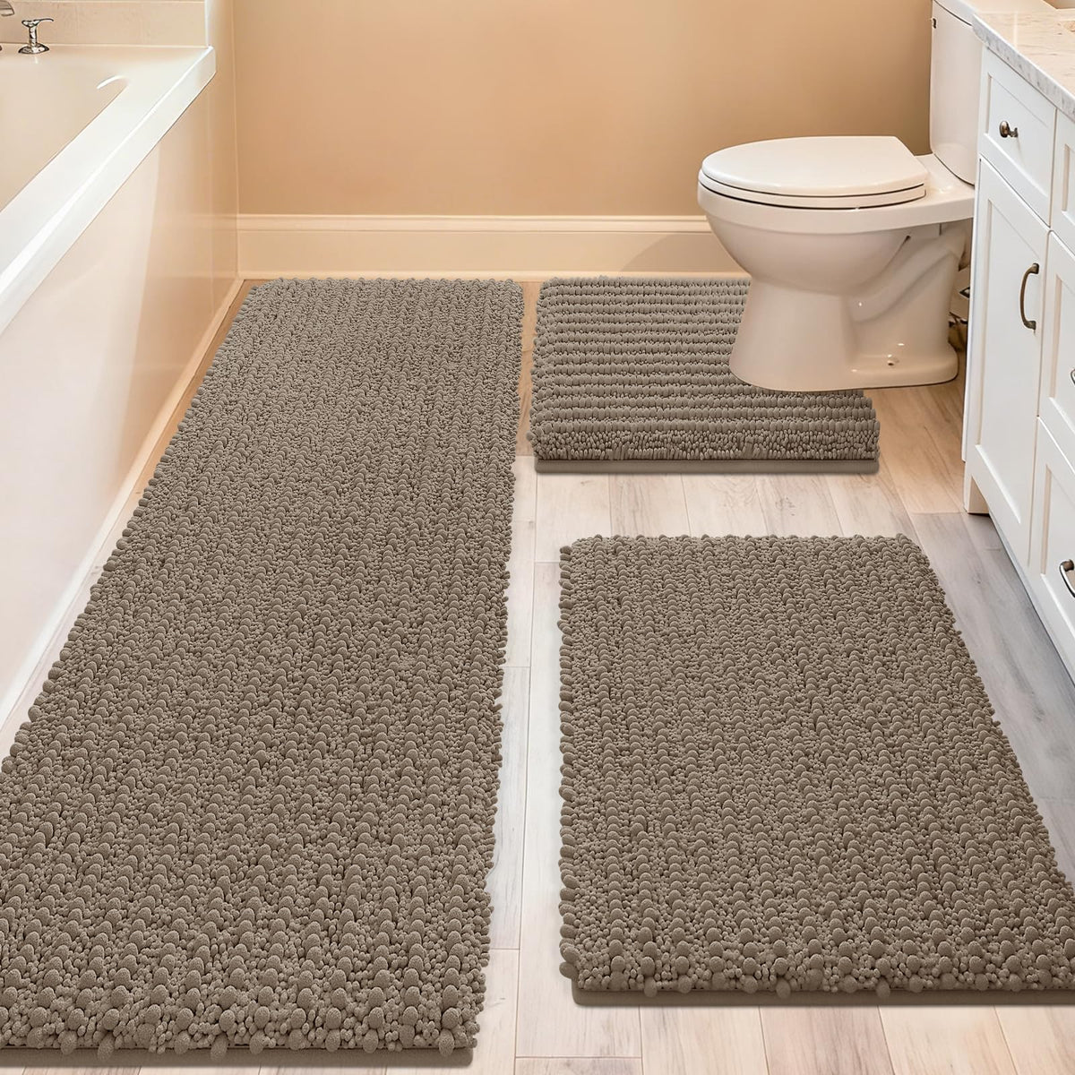 ACCUMTEK Upgrade Extra Large Taupe Bath Rug 48x20 with plush chenille for cozy feet.