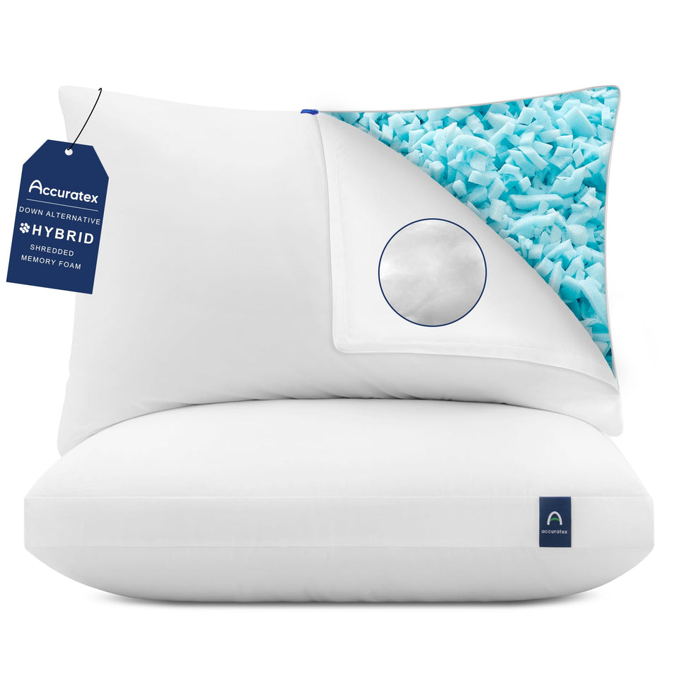 ACCURATEX Hybrid Pillow core with shredded memory foam for neck support.