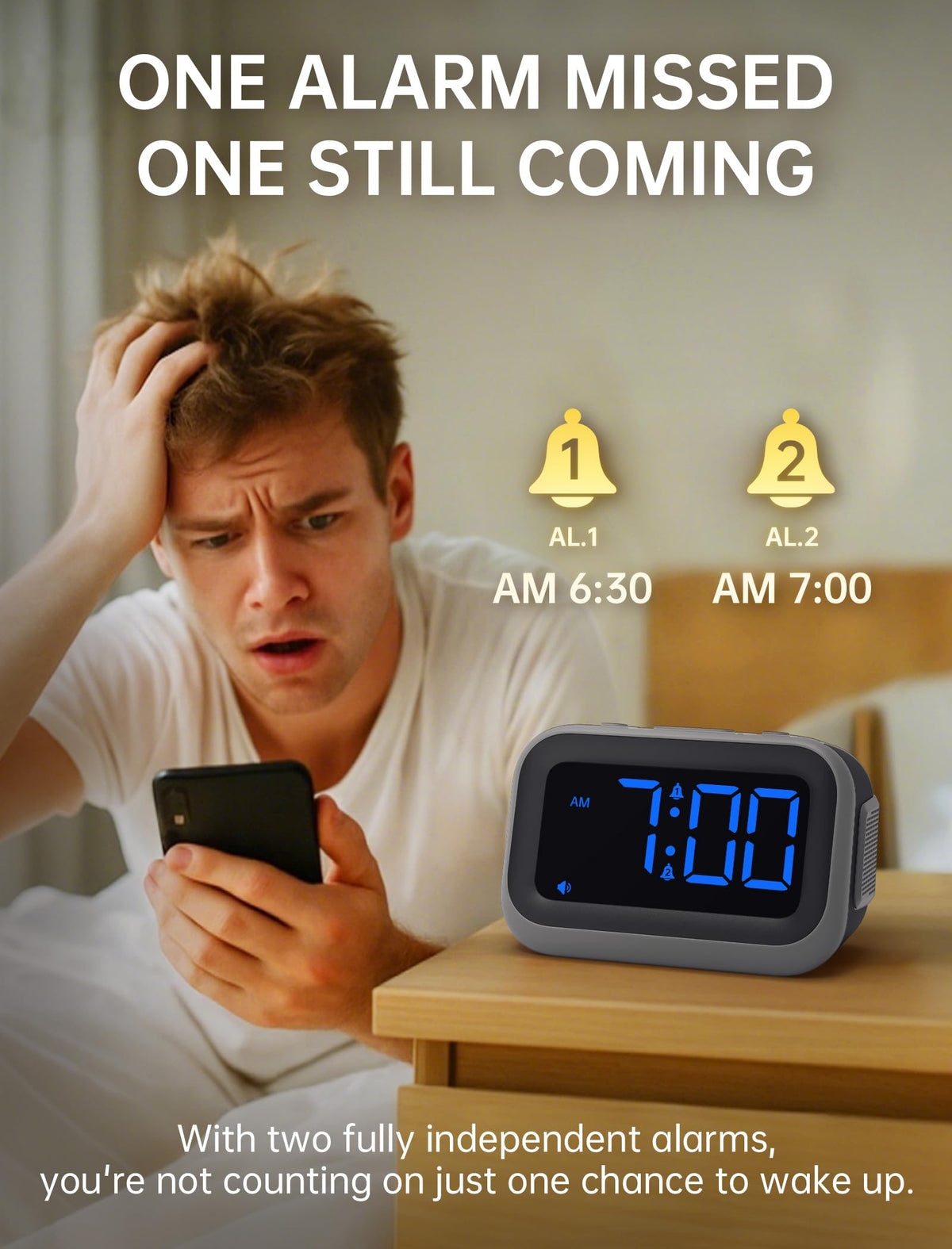 Acedeck alarm clock 6 sounds selection offers customizable wake-up options.