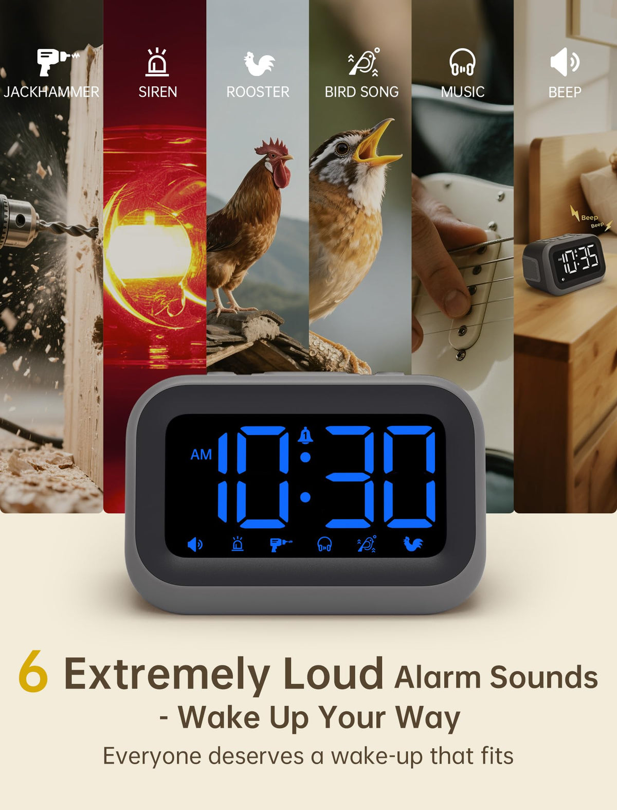 Acedeck blue digits alarm clock shown with a modern compact bedside design.