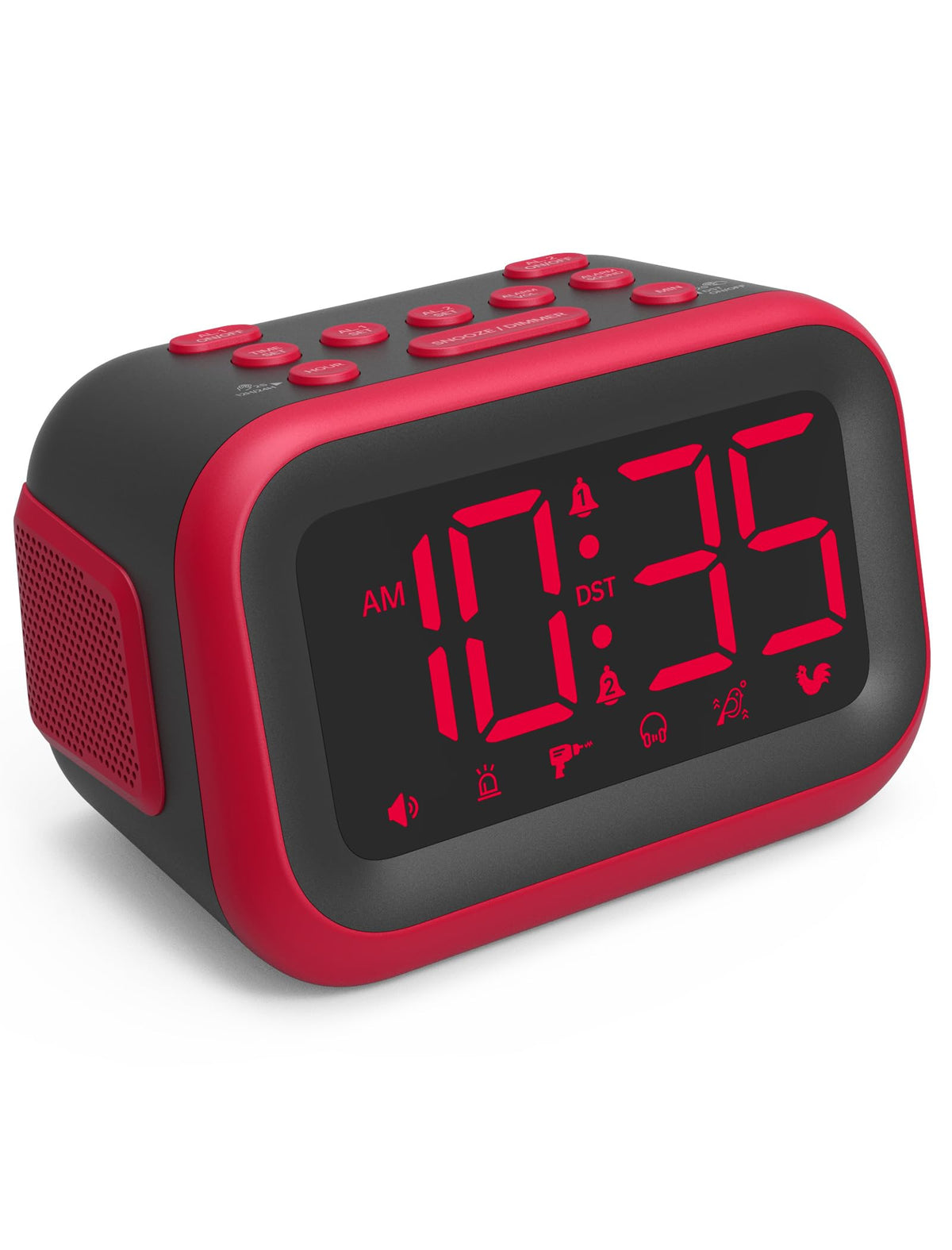Acedeck loud alarm clock front view shows 115dB alert for heavy sleepers.
