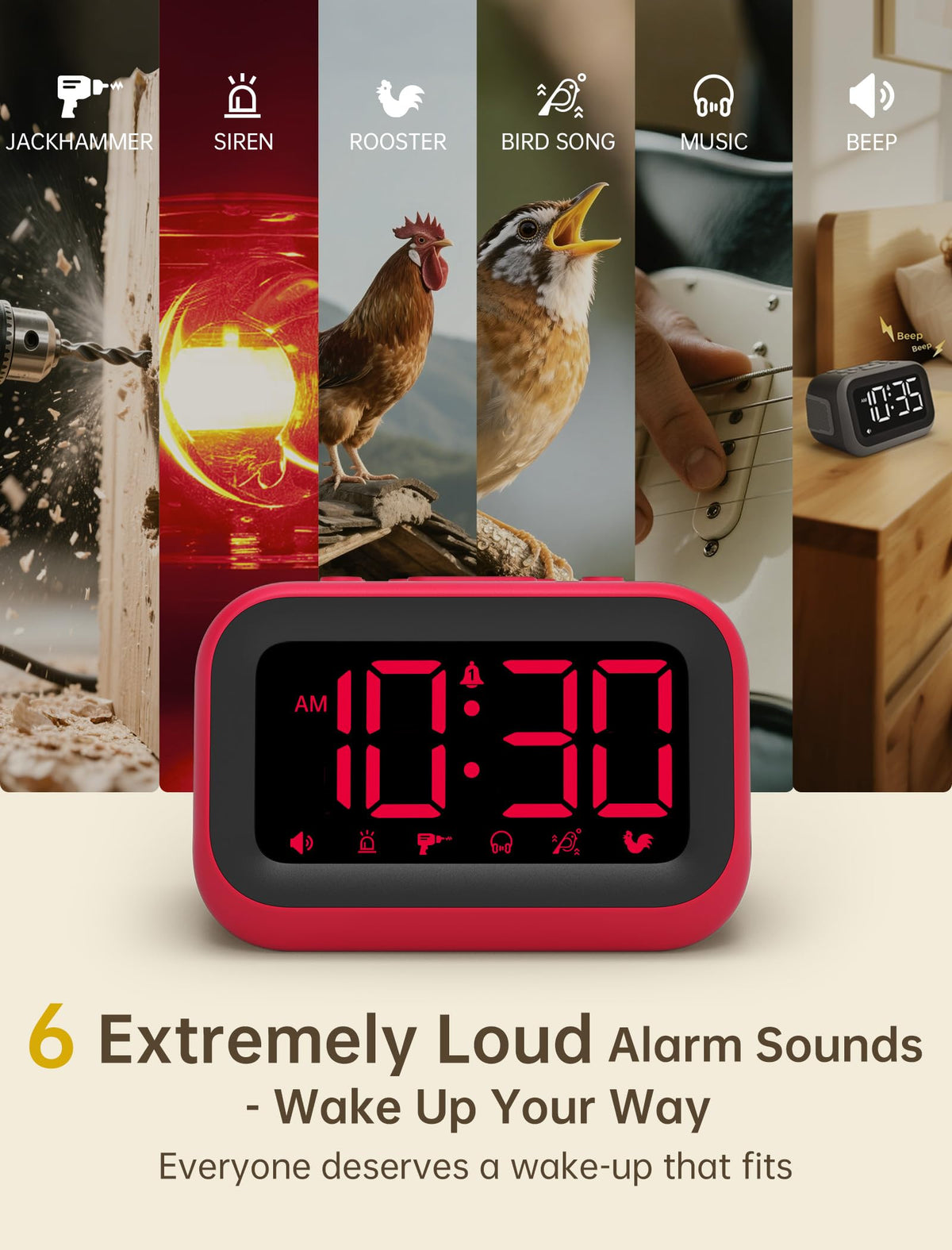 Acedeck loud alarm clock red color on a bedside table for mornings.