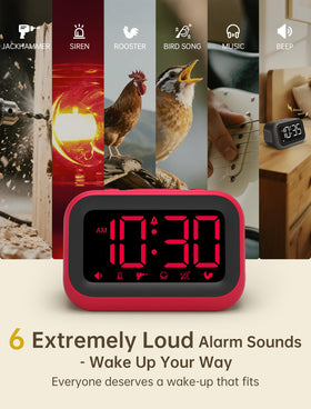 Acedeck loud alarm clock red color on a bedside table for mornings.