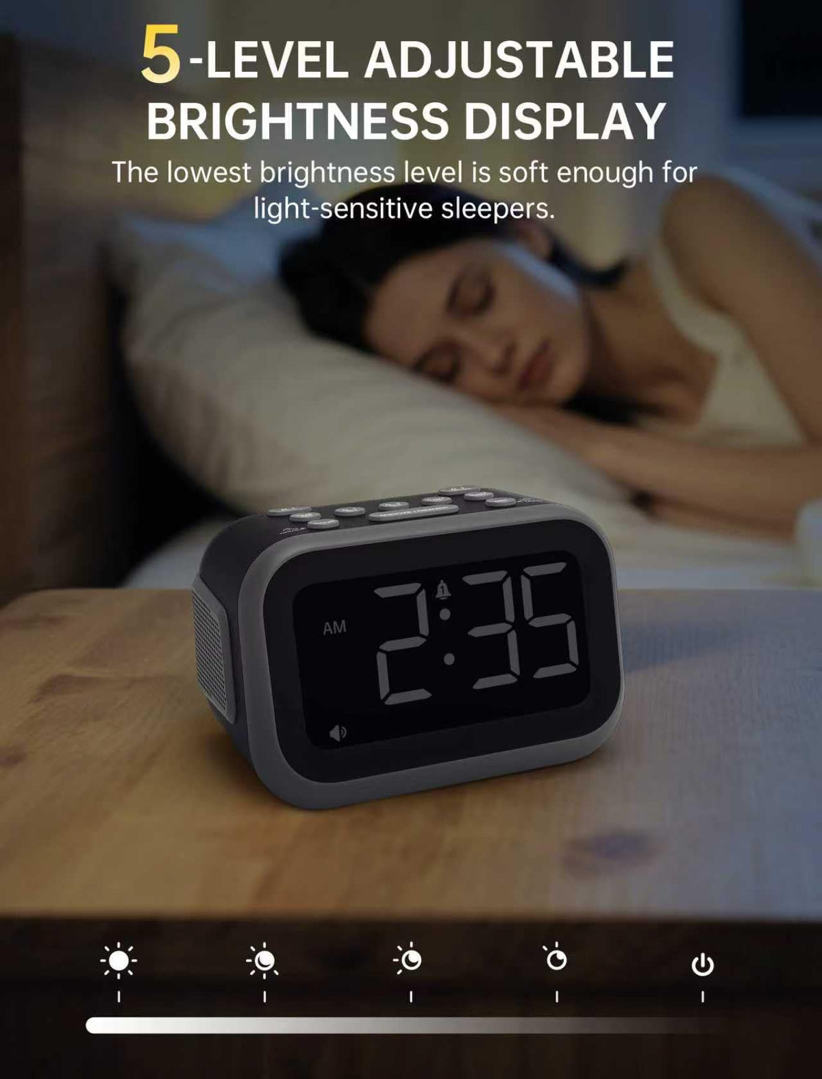 Acedeck clock includes USB charging for overnight devices.