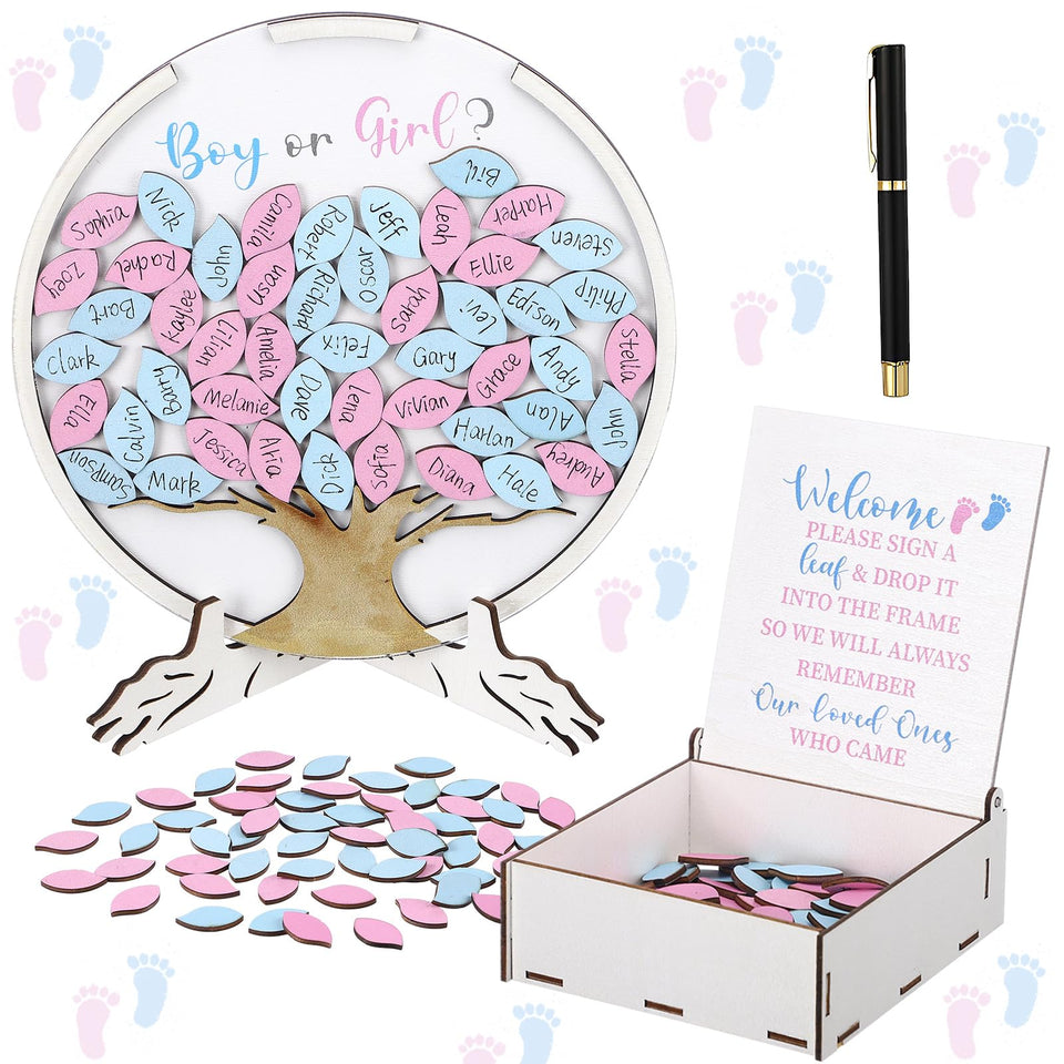 AceOrbit 63 Pcs gender reveal guest book with display stand for keepsake messages.