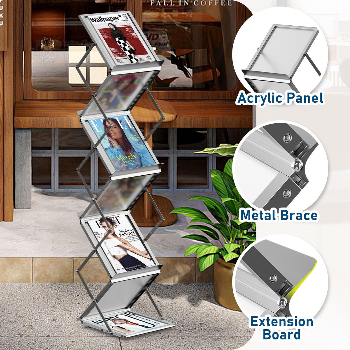 AceShow adjustable-height rack fits desks and tall exhibition backdrops.