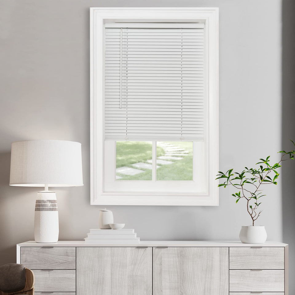 ACHIM cordless light filtering mini blind close-up highlighting cordless safety and privacy.