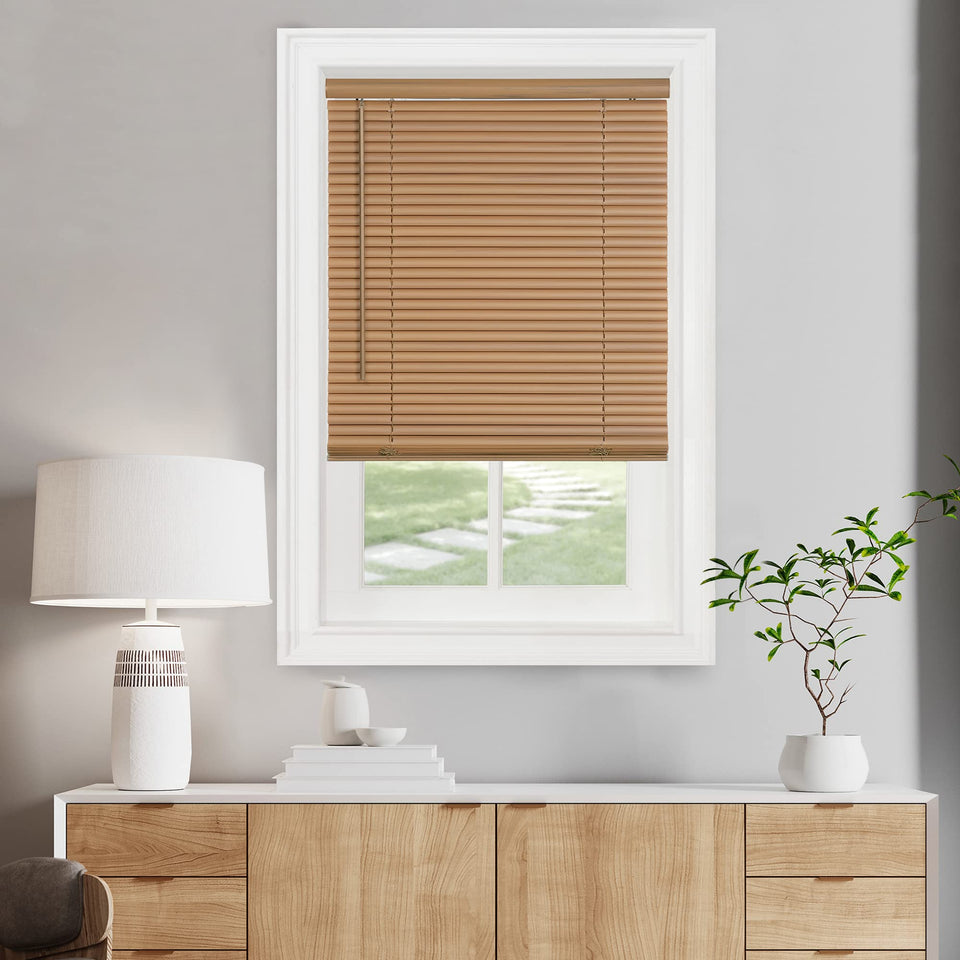 Achim Cordless Mini Blind Woodtone front view for privacy and light control.