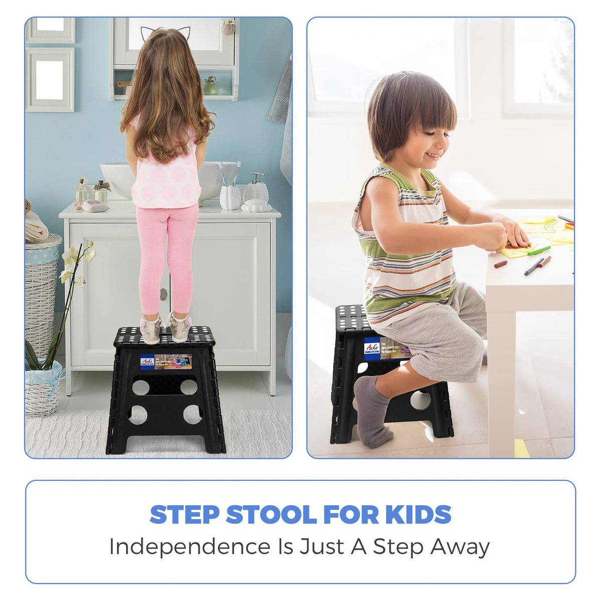 ACKO 2PACK folding stool open, sturdy surface for versatile indoor tasks.