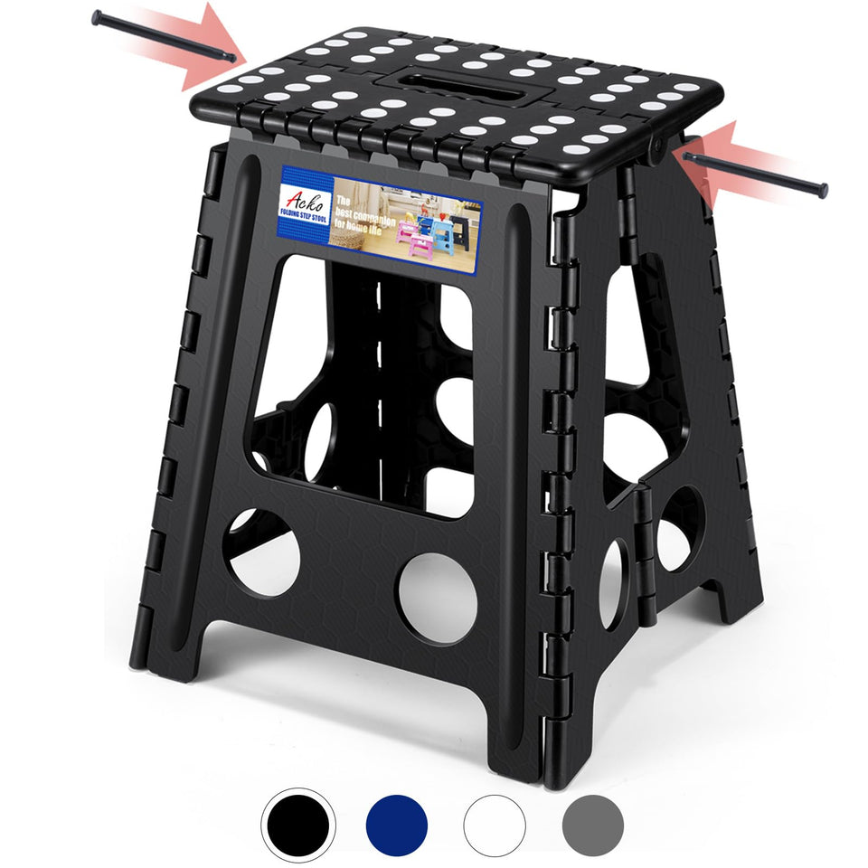 ACKO folding step stool 16-inch open enables safer reach on high shelves.