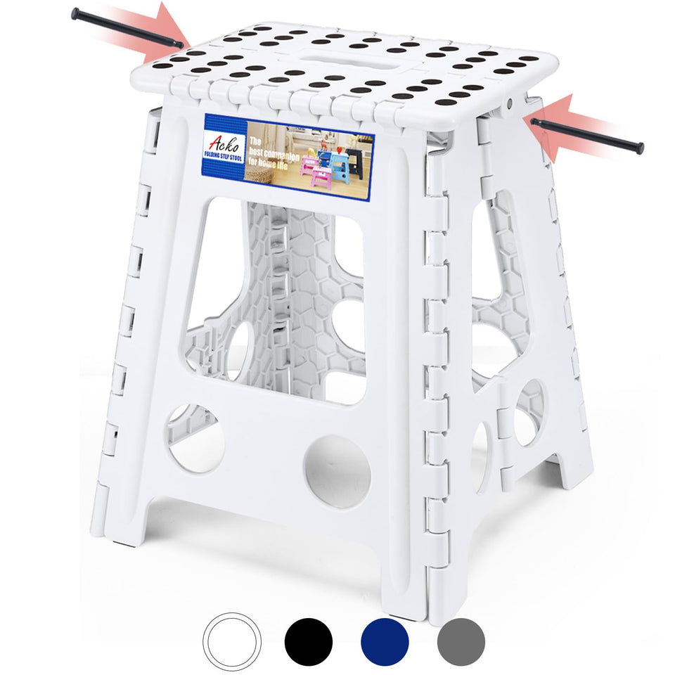 ACKO folding step stool 16-inch white showing sturdy 400 lb capacity for adults
