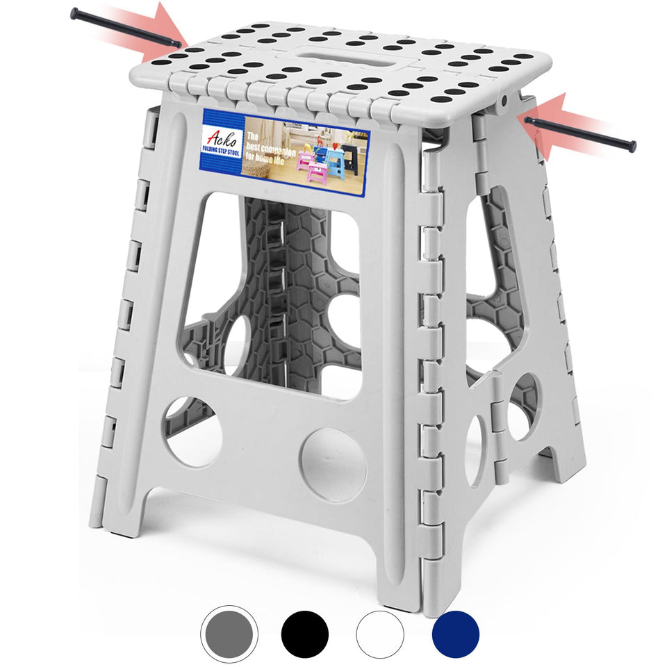 ACKO folding step stool 16-inch open with handle offers stable access for high shelves.