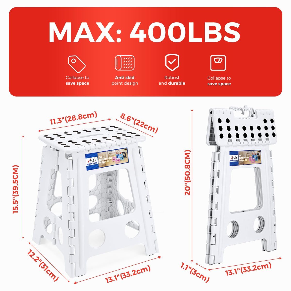 ACKO compact storage of folding stool in white