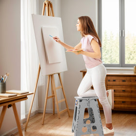 ACKO folding stool with non-slip corners enhances secure use.