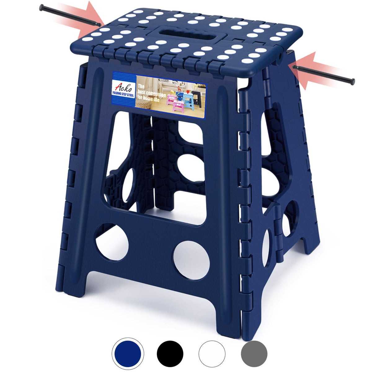ACKO folding step stool handle improves reach with a secure grip.