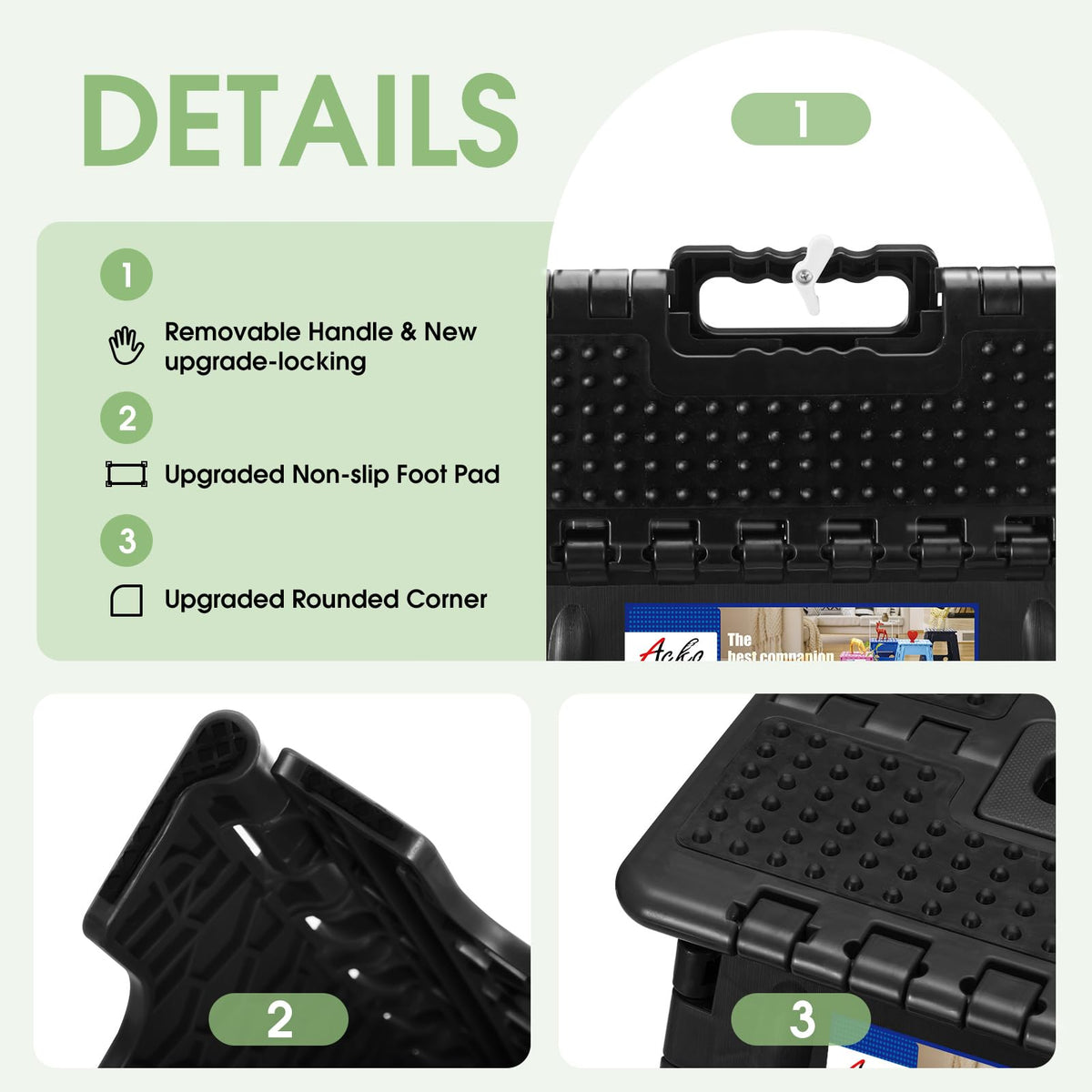 ACKO folding step stool features movable handle for easy portability