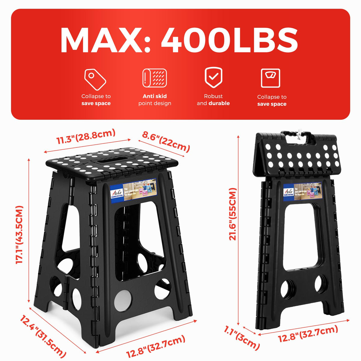 ACKO folding step stool with non-slip surface for secure footing.