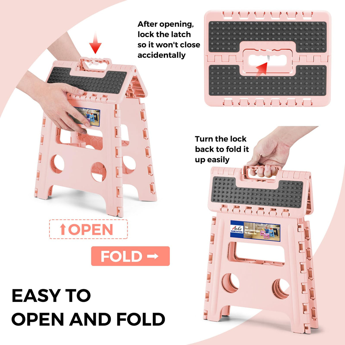 ACKO step stool opened to 13-inch height, stable for reaching shelves