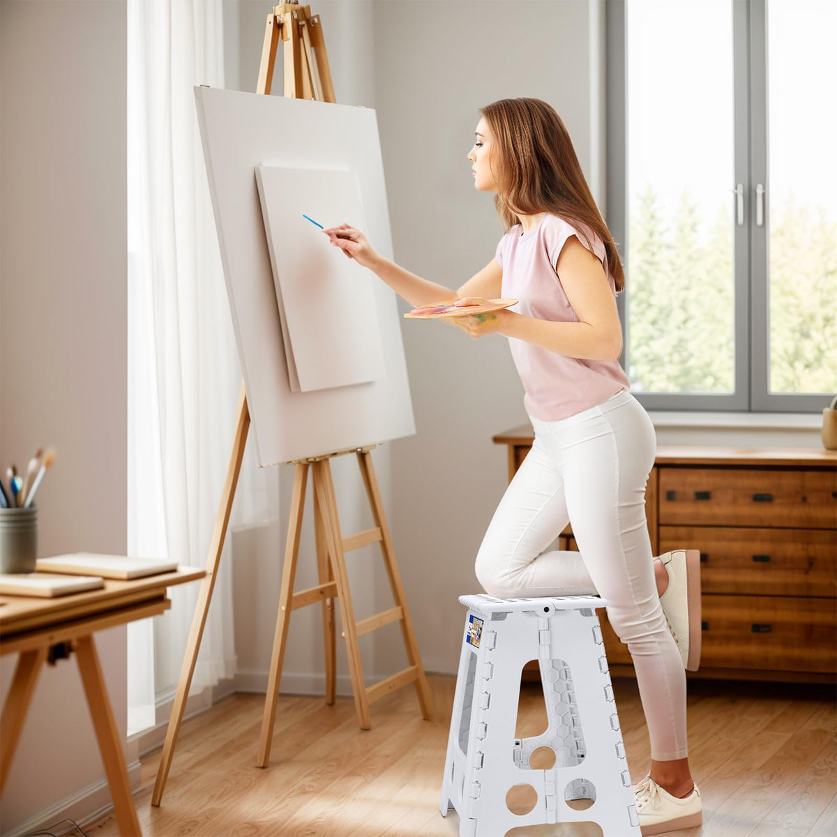 ACKO open side view of stool in use for stability in white