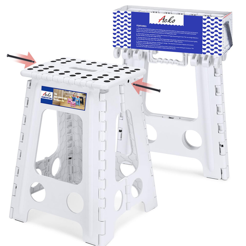 ACKO folding step stool open shows sturdy design for reaching high shelves