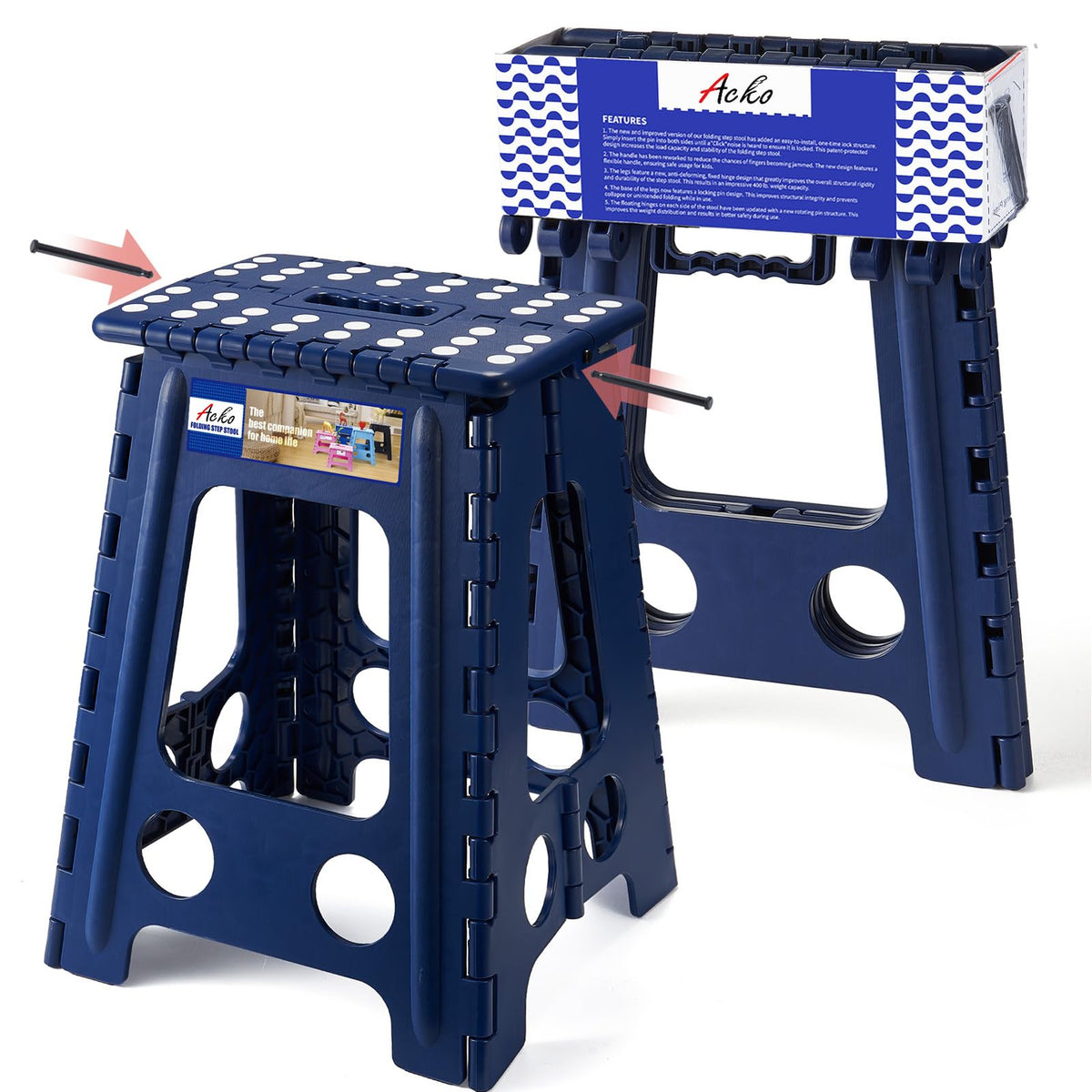 ACKO royal blue folding step stool open with handle for kitchen reach, sturdy design
