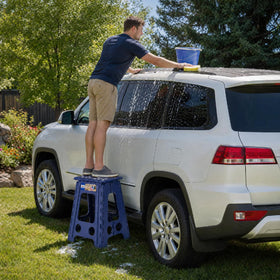 ACKO royal blue step stool seen from side for versatile indoor and outdoor use