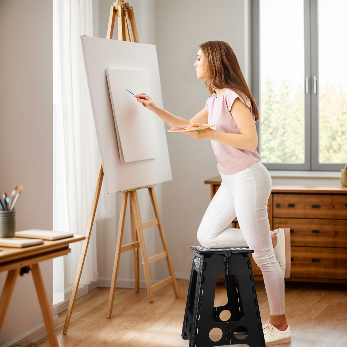ACKO folding stool office-use supports quick height access.