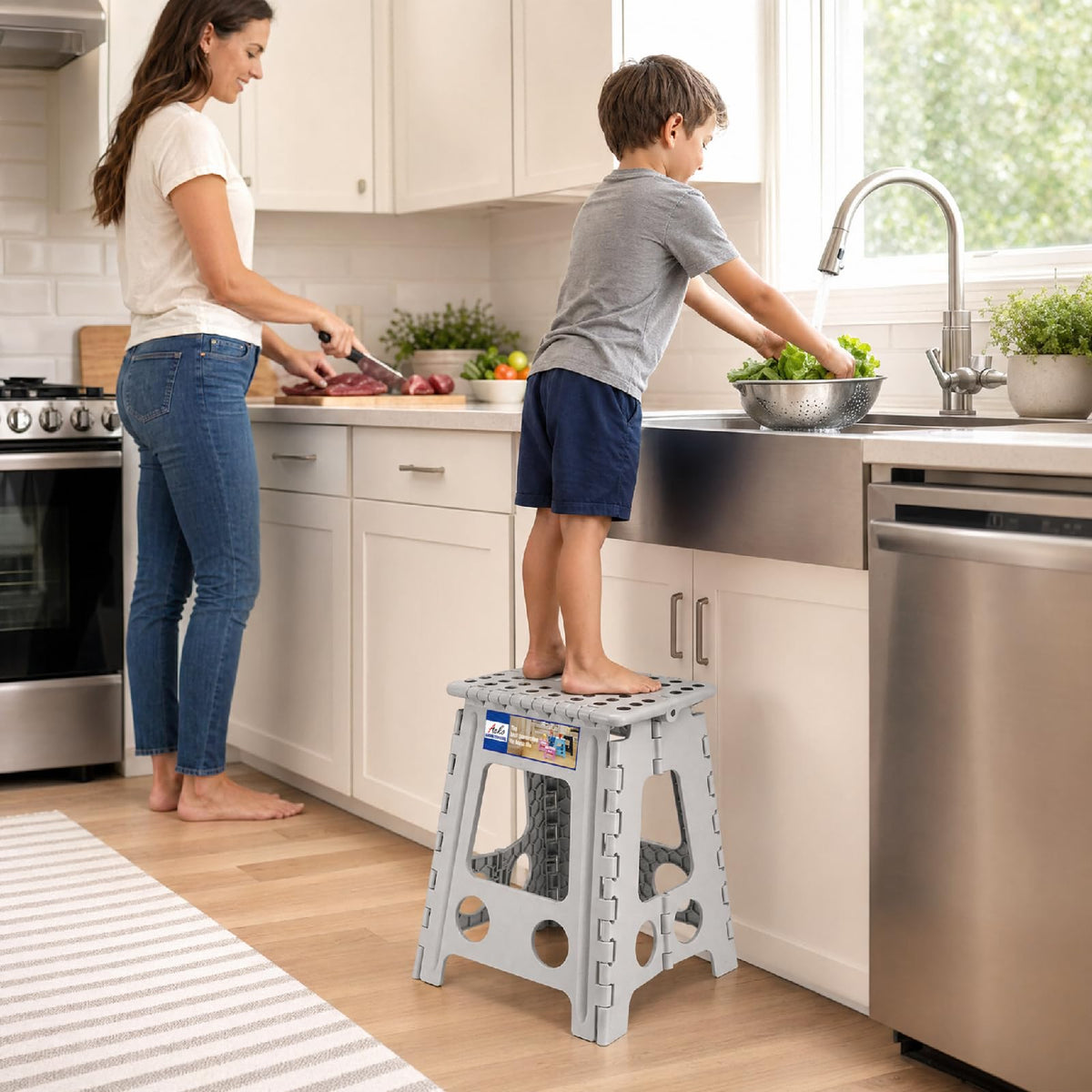 ACKO grey folding stool complements kitchen and closet organization.
