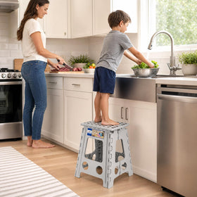 ACKO grey folding stool complements kitchen and closet organization.