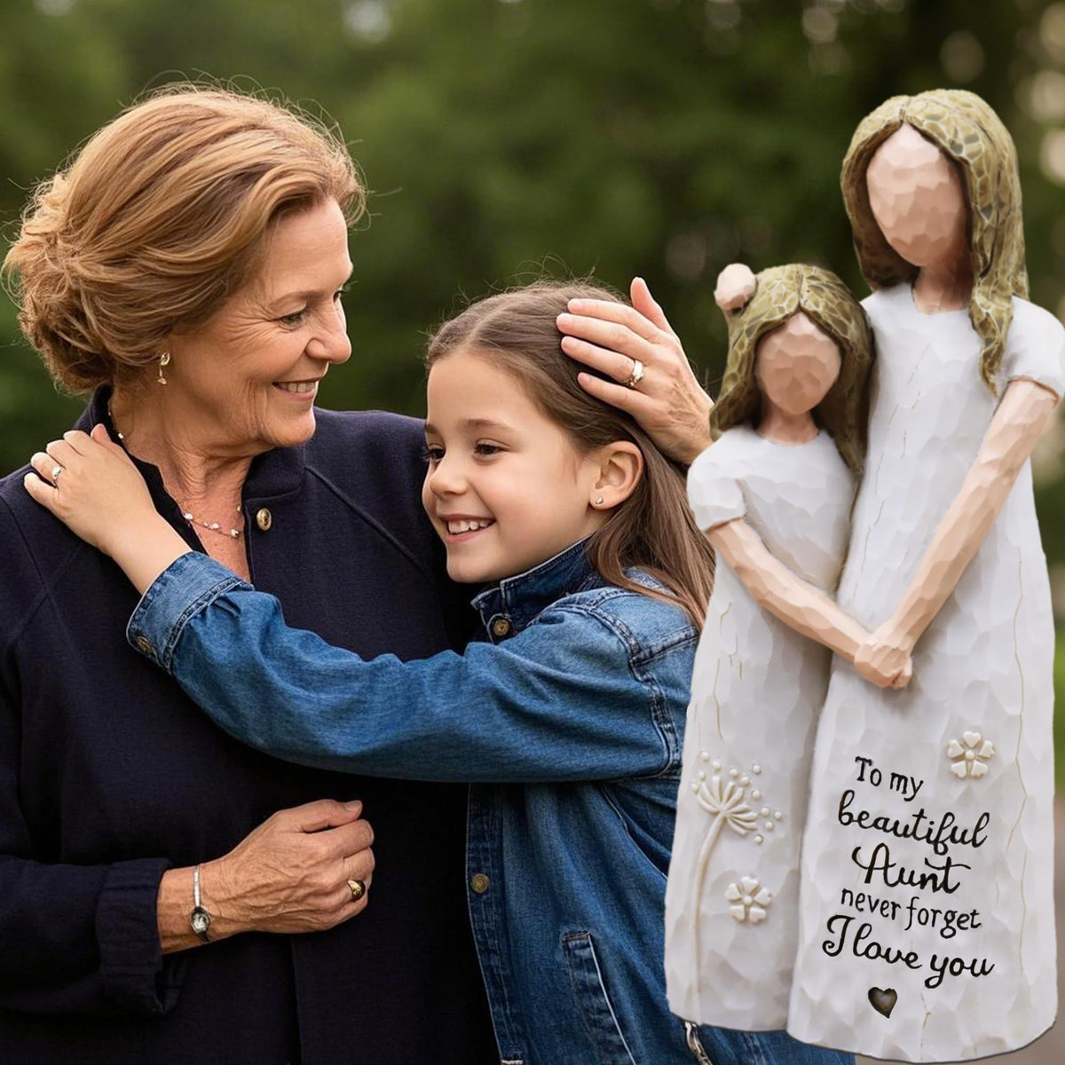 AcowSpt aunt-niece embrace sculpture showcasing family love in resin.