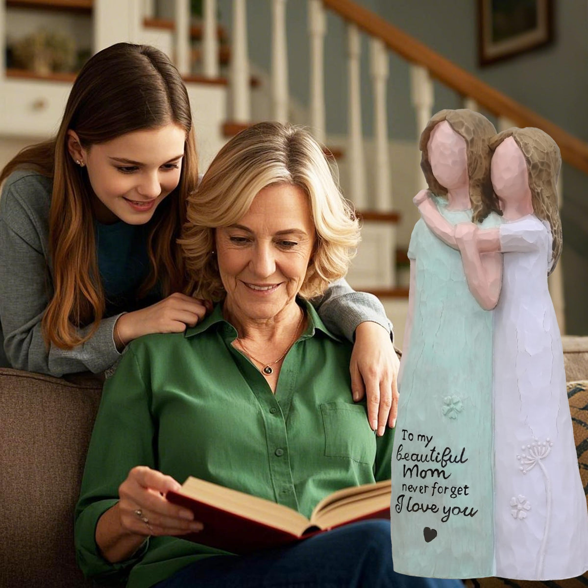 AcowSpt mom-and-daughter embrace sculpture highlights intimate bond, ideal as a keepsake.