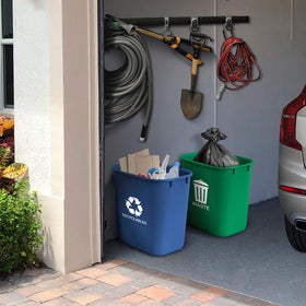 Acrimet blue recyclables bin shown from the side for compact placement.