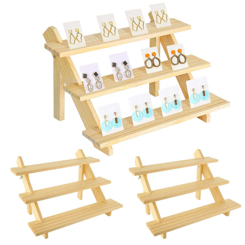 Acrux7 2-pack 3-tier wooden display stands for tidy countertop jewelry displays.