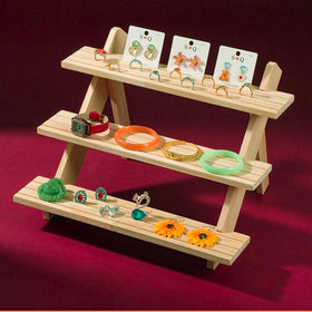 Acrux7 easy-assembly wooden stand for rapid retail setup.