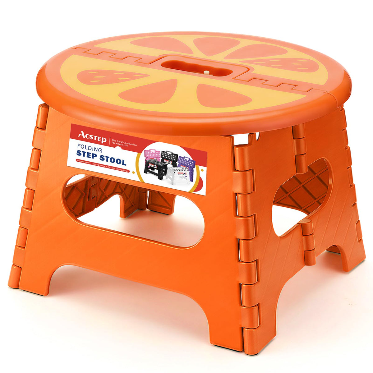 ACSTEP folding step stool 9-inch orange with secure grip for kitchen tasks.