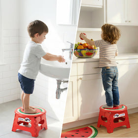 ACSTEP nine inch watermelon red stool in bathroom setting for reach tasks