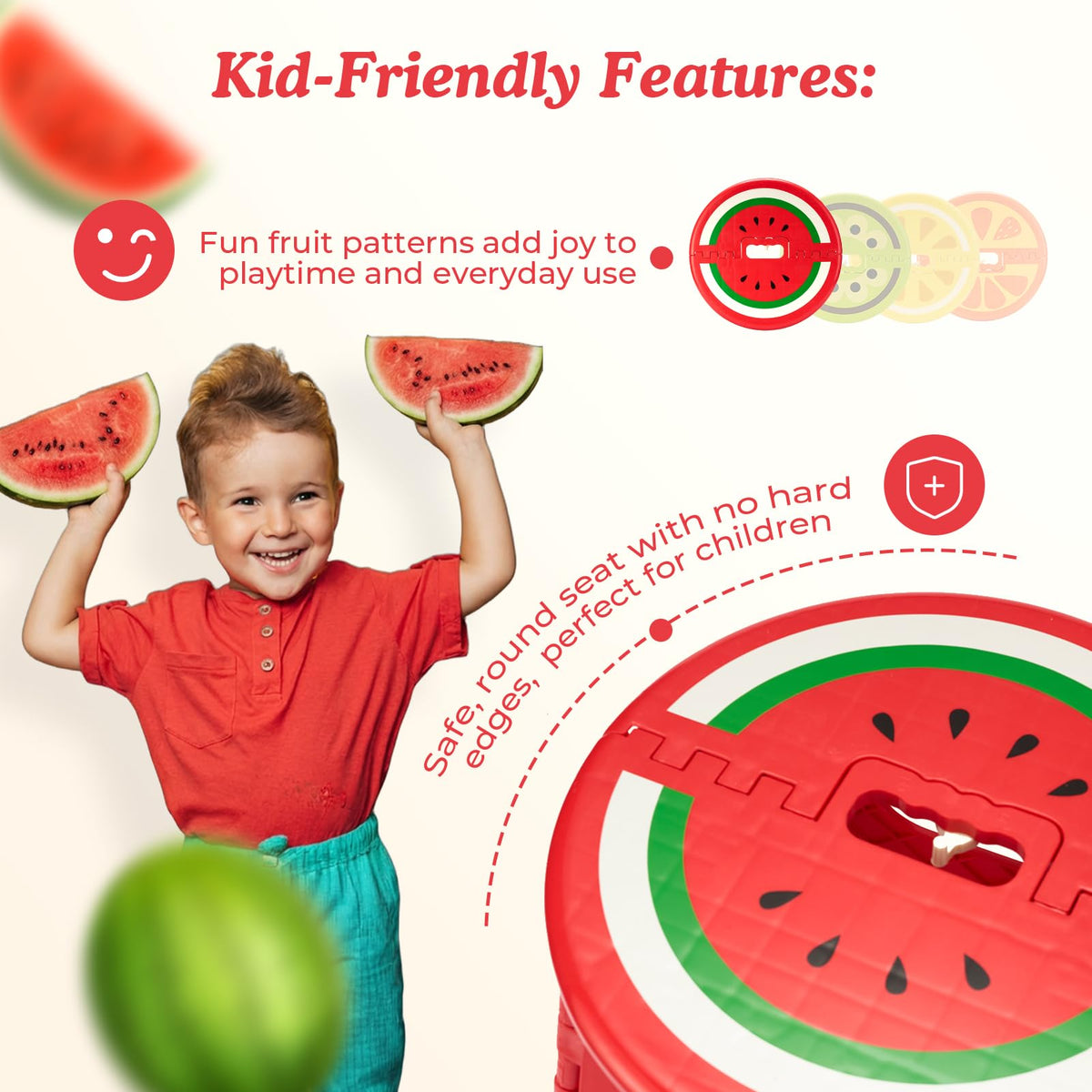Folded compact ACSTEP 9-inch watermelon red stool for tight storage spaces