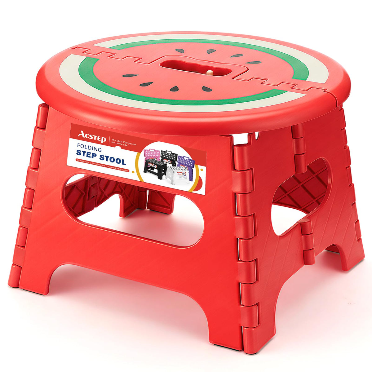 ACSTEP folding step stool 9-inch watermelon red front view for reaching high cabinets