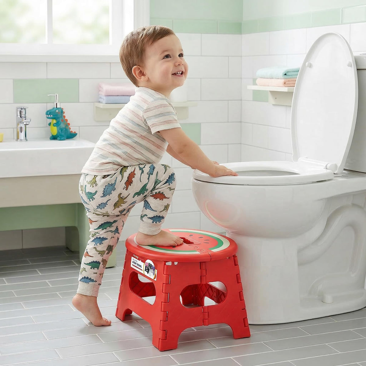 ACSTEP nine inch watermelon red stool in kitchen setting for elevated tasks