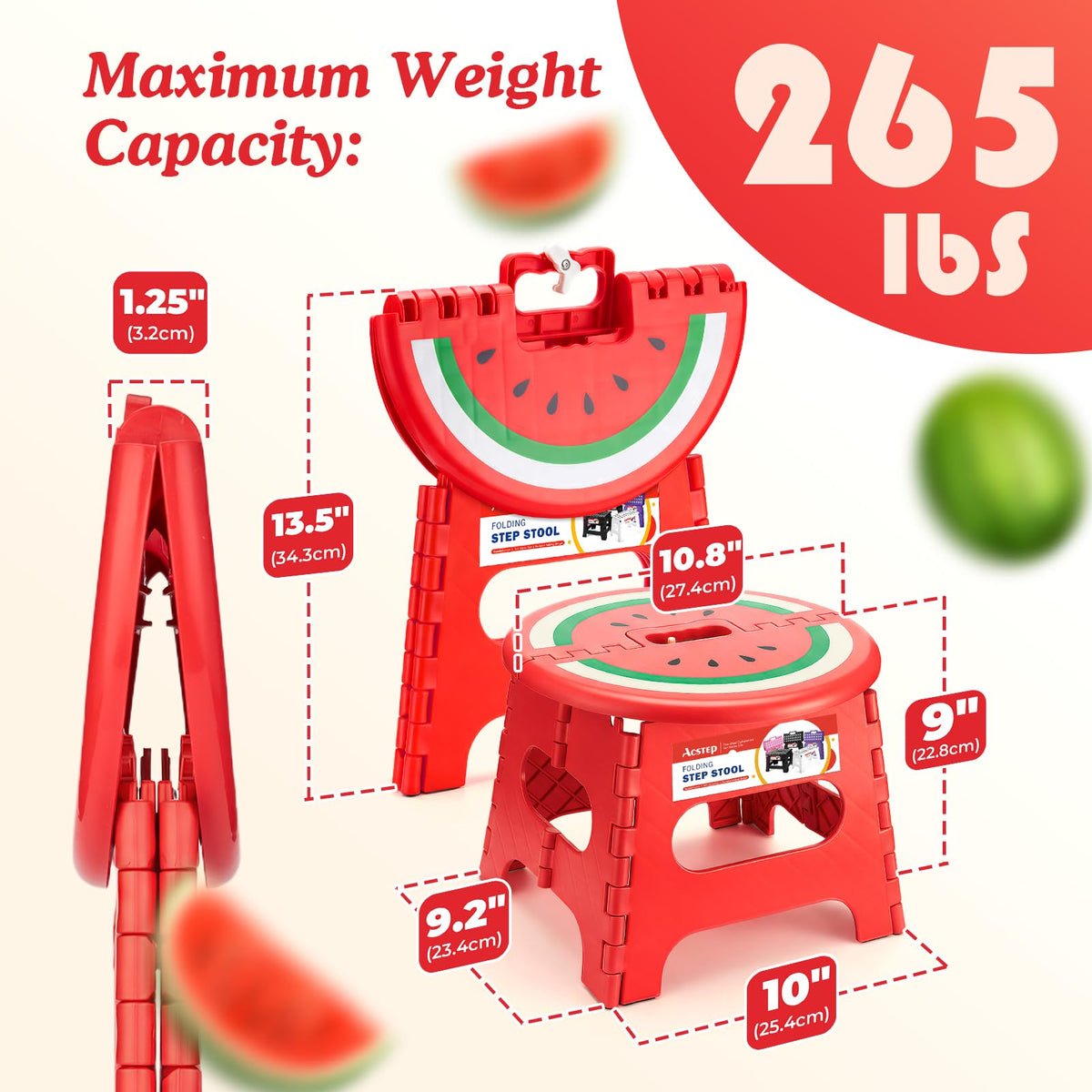 ACSTEP folding step stool 9-inch watermelon red side view showcasing compact fold