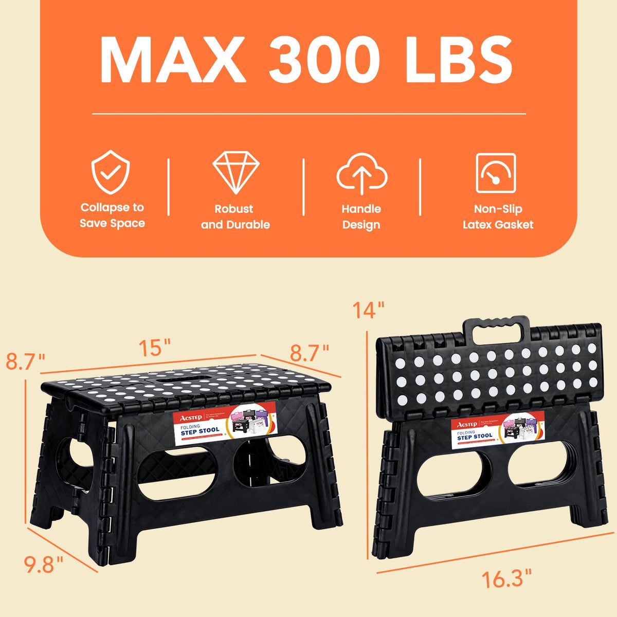 ACSTEP step stool in folded form with carrying handle for easy transport.