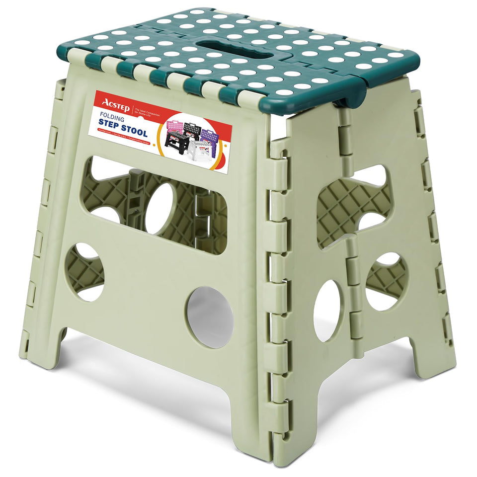 ACSTEP 13-inch folding stool opened in green for easy kitchen reach.