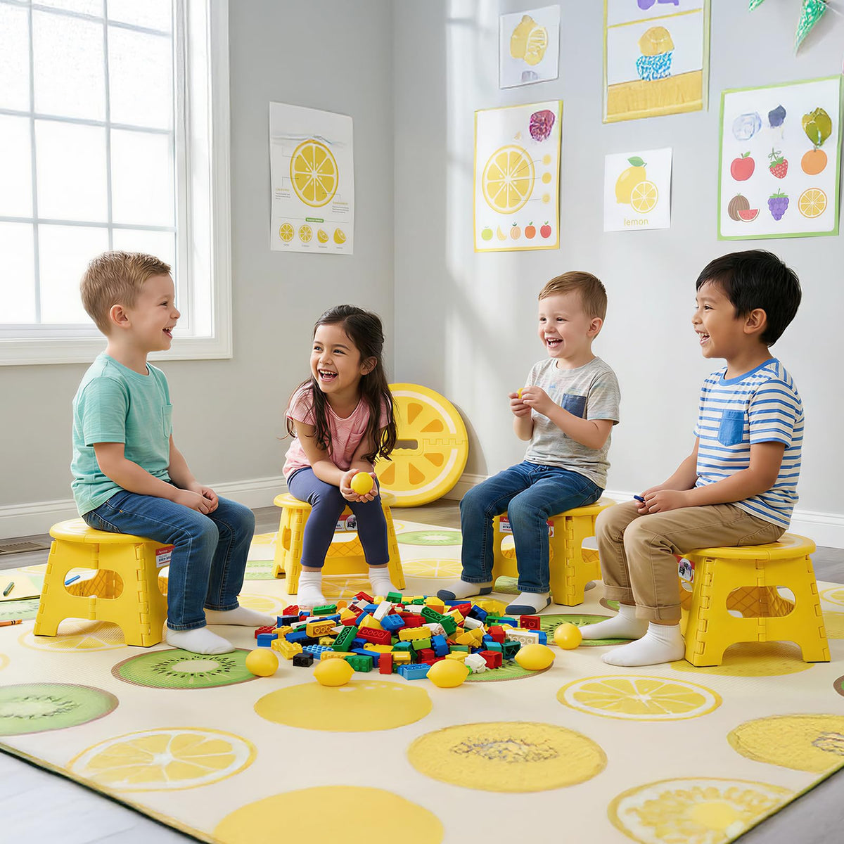 ACSTEP fruit print design on step stool adds playful appeal for kids and chores.