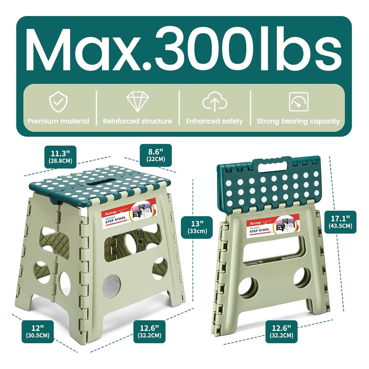 ACSTEP green stool demonstrating kitchen reach for high shelves.