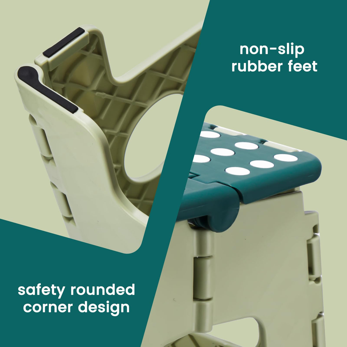 ACSTEP green stool featuring rubber feet for stability on floors.