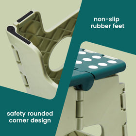 ACSTEP green stool featuring rubber feet for stability on floors.