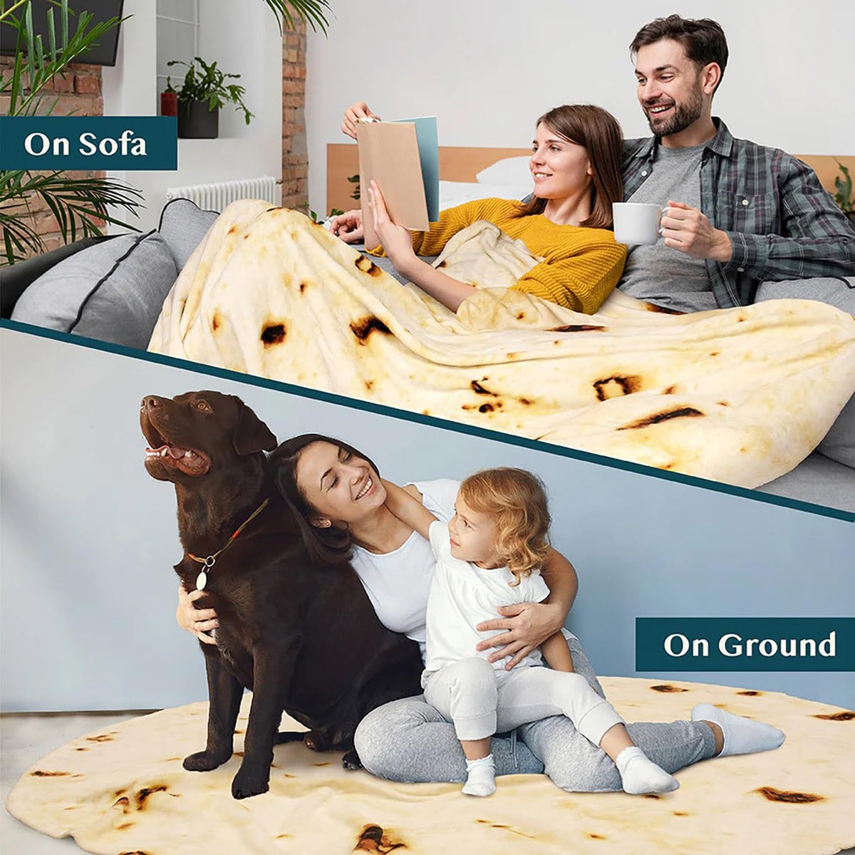 Acteb burrito blanket double-sided print highlights tortilla-inspired design